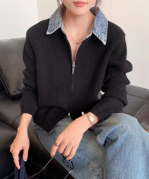 セール】【秋冬新作】デニム衿ドッキングジップニット（ニット