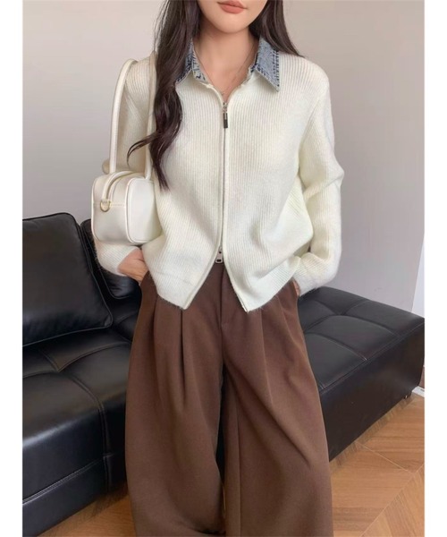 セール】【秋冬新作】デニム衿ドッキングジップニット（ニット