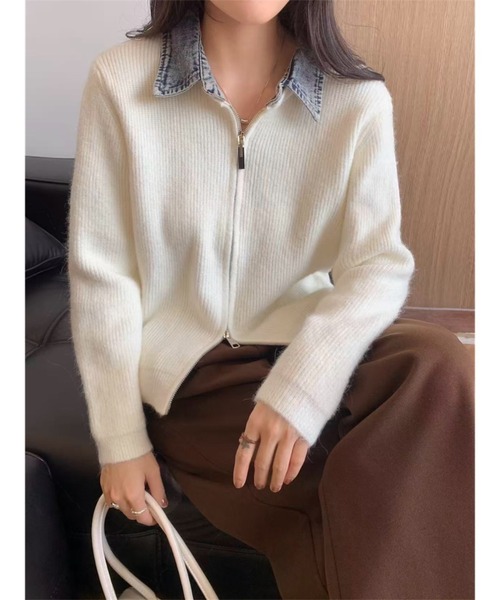 LADY LIKE(レディライク)の「デニム衿ドッキングジップニット(ニット/セーター・レディース・オフホワイト/チャコールグレー/レッド/ネイビー/ブラック・M)」の11枚目の写真
