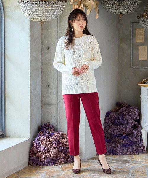 Rose Tiara(ローズティアラ)の「リボン×ケーブル編みニットプルオーバー(ニット/セーター・レディース・オフホワイト/ブラック/レッド・46/42/38)」の10枚目の写真