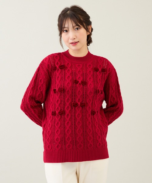 Rose Tiara(ローズティアラ)の「リボン×ケーブル編みニットプルオーバー(ニット/セーター・レディース・オフホワイト/ブラック/レッド・46/42/38)」の19枚目の写真