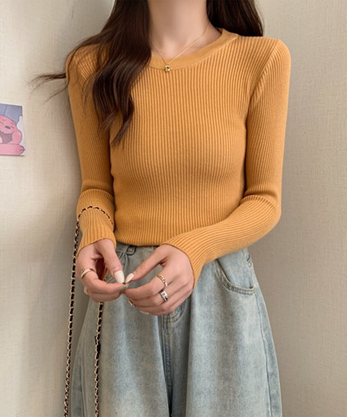 Songe(ソンジュ)の「ラウンドネックリブ編みニットトップス(ニット/セーター・レディース・ブラック/ライトブルー/クリーム/イエロー/オートミール/ホワイト/レッド/ブラウン/ピンク・FREE)」の15枚目の写真