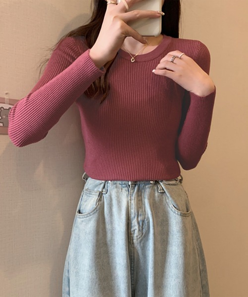 Songe(ソンジュ)の「ラウンドネックリブ編みニットトップス(ニット/セーター・レディース・ブラック/ライトブルー/クリーム/イエロー/オートミール/ホワイト/レッド/ブラウン/ピンク・FREE)」の18枚目の写真