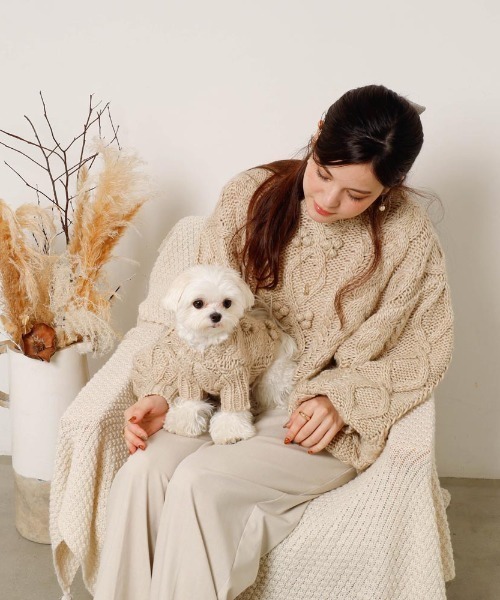 moncheri（モンシェリ）の「【リンクコーデSET】ケーブルポンポンドロップショルダーニット（ペットウェア・レディース・ベージュ/グレー・S/M/L/XL）」の4枚目の写真