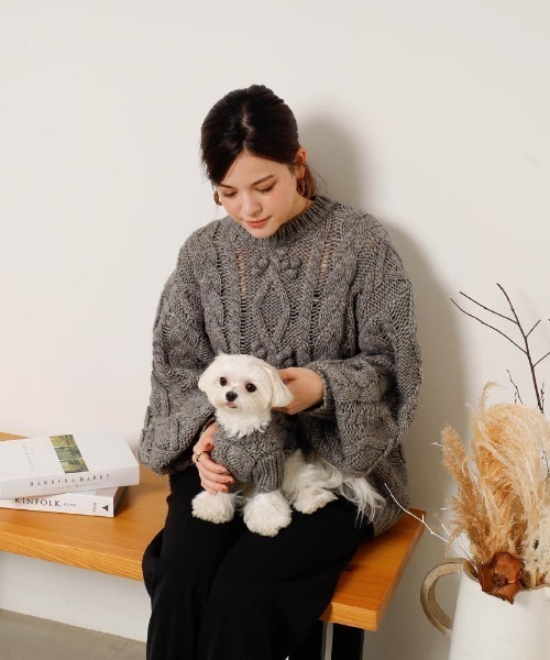 moncheri（モンシェリ）の「【リンクコーデSET】ケーブルポンポンドロップショルダーニット（ペットウェア・レディース・ベージュ/グレー・S/M/L/XL）」の5枚目の写真