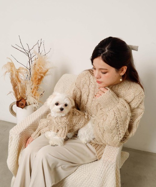 moncheri（モンシェリ）の「【リンクコーデSET】ケーブルポンポンドロップショルダーニット（ペットウェア・レディース・ベージュ/グレー・S/M/L/XL）」の6枚目の写真