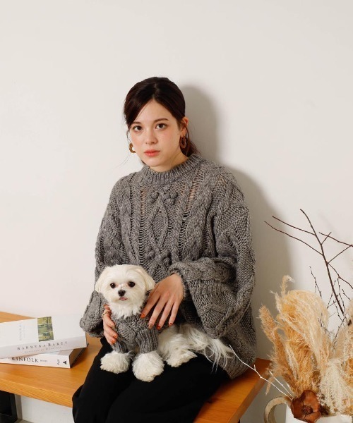 moncheri（モンシェリ）の「【リンクコーデSET】ケーブルポンポンドロップショルダーニット（ペットウェア・レディース・ベージュ/グレー・S/M/L/XL）」の7枚目の写真