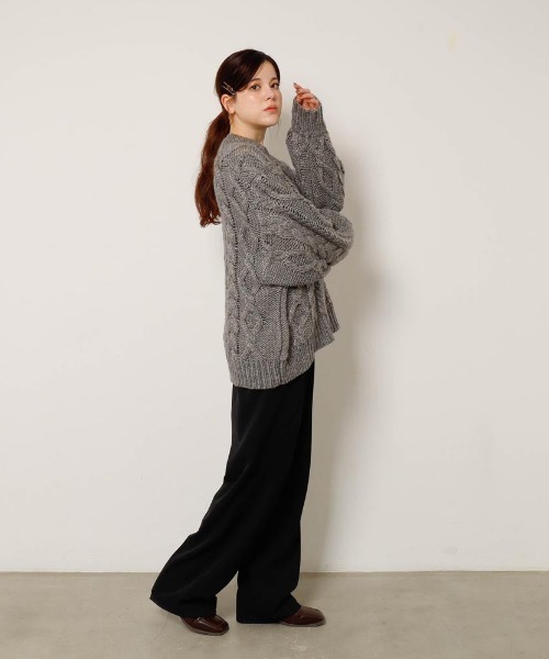 moncheri（モンシェリ）の「【リンクコーデSET】ケーブルポンポンドロップショルダーニット（ペットウェア・レディース・ベージュ/グレー・S/M/L/XL）」の11枚目の写真