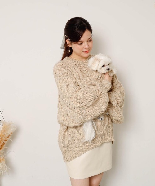 moncheri（モンシェリ）の「【リンクコーデSET】ケーブルポンポンドロップショルダーニット（ペットウェア・レディース・ベージュ/グレー・S/M/L/XL）」の16枚目の写真