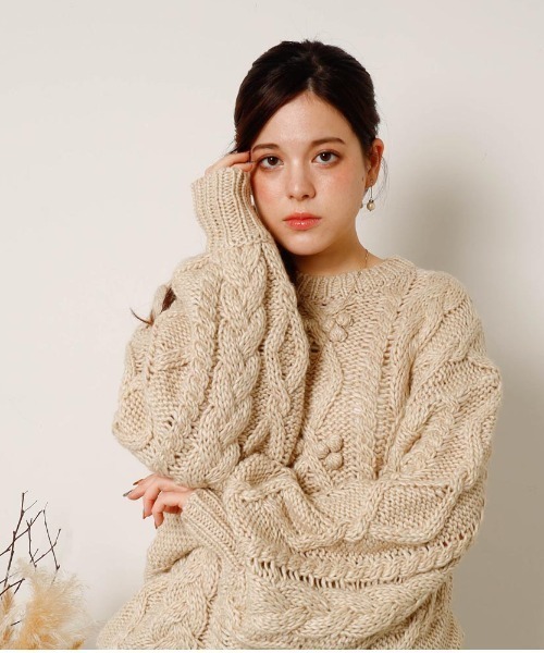 セール】【リンクコーデSET】ケーブルポンポンドロップショルダー