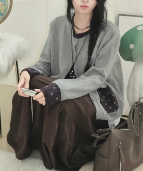 VIVID LADY（ビビッドレディー）の「レイヤード風ドットポケットカーディガン（ニット/セーター・レディース・ブラウン/グレー/ブラック・FREE）」の8枚目の写真