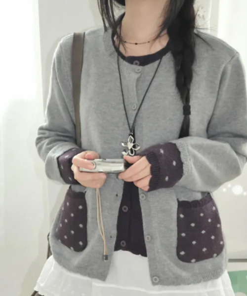 VIVID LADY（ビビッドレディー）の「レイヤード風ドットポケットカーディガン（ニット/セーター・レディース・ブラウン/グレー/ブラック・FREE）」の7枚目の写真
