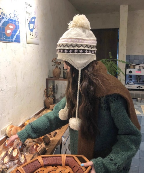 セール】ノルディックポンポンニットイヤーキャップ（ニットキャップ