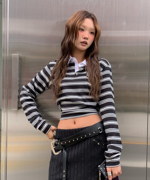 Полосатая поло‑футболка с нашивкой — черная (STRIPE WAPPEN POLO TOP / BLACK)