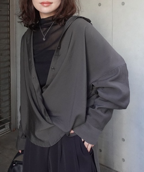 CORNERS(コーナーズ)の「ポプリン2wayカシュクールシャツ(シャツ/ブラウス・レディース・ブラック/チャコールグレー/ホワイト/ブラウン・M)」の1枚目の写真