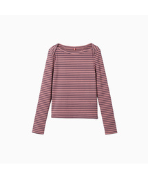 Brushed Striped Boatneck Long T Shirt_Pink