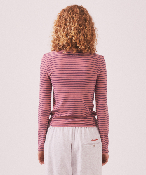 MENASOO（ミナス）の「Brushed Striped Boatneck Long T Shirt_Pink（Tシャツ/カットソー・レディース・PINK・F）」の3枚目の写真