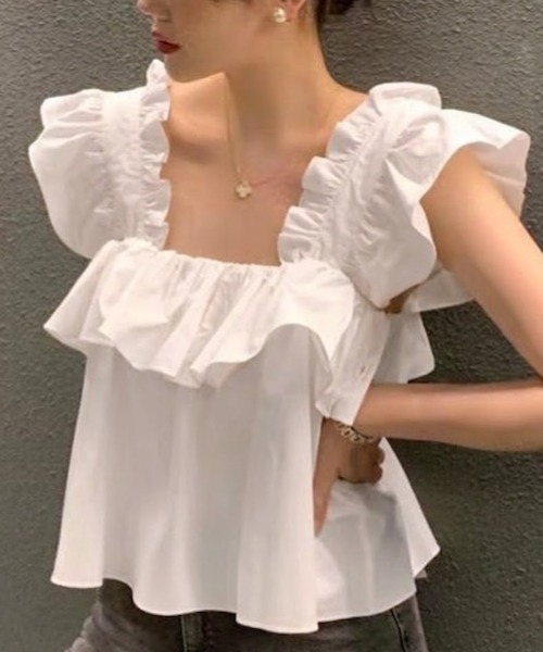 SHEPP（シープ）の「【26年春新作】ボリュームフリル スクエアネックノースリーブトップス（シャツ/ブラウス・レディース・ブラウン/ホワイト・L/M）」の12枚目の写真
