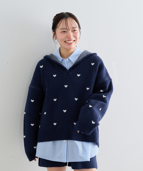 U by SPICK&SPAN(ユーバイスピックアンドスパン)の「オーバーニットフーディー(ニット/セーター・レディース・ネイビー/チャコールグレー・FREE)」の6枚目の写真