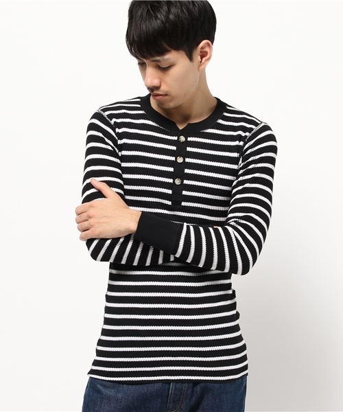 Abiding Aim(アバイディングエイム)の「【JEMORGAN】先染めボーダーワッフル長袖ヘンリーネックTシャツ(Tシャツ/カットソー・メンズ・グレー系その他/ブラック系その他/ホワイト系その他/ブルー系その他・XL/M/S/L)」の3枚目の写真