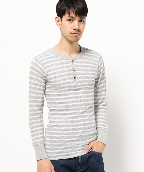 Abiding Aim(アバイディングエイム)の「【JEMORGAN】先染めボーダーワッフル長袖ヘンリーネックTシャツ(Tシャツ/カットソー・メンズ・グレー系その他/ブラック系その他/ホワイト系その他/ブルー系その他・XL/M/S/L)」の1枚目の写真