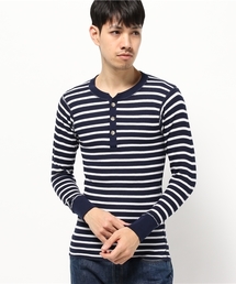 【JEMORGAN】先染めボーダーワッフル長袖ヘンリーネックTシャツ