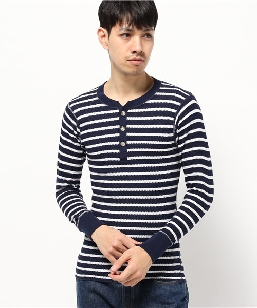 Abiding Aim(アバイディングエイム)の「【JEMORGAN】先染めボーダーワッフル長袖ヘンリーネックTシャツ(Tシャツ/カットソー・メンズ・グレー系その他/ブラック系その他/ホワイト系その他/ブルー系その他・XL/M/S/L)」の4枚目の写真