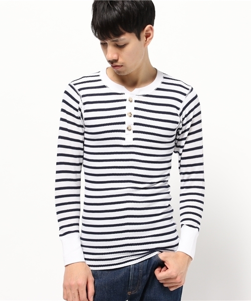 Abiding Aim(アバイディングエイム)の「【JEMORGAN】先染めボーダーワッフル長袖ヘンリーネックTシャツ(Tシャツ/カットソー・メンズ・グレー系その他/ブラック系その他/ホワイト系その他/ブルー系その他・XL/M/S/L)」の5枚目の写真