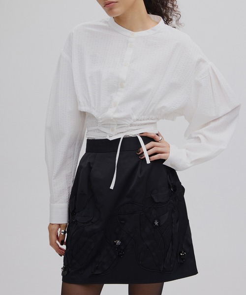 Ameri(アメリ)の「SHIRRING LAYERED SHORT SHIRT(シャツ/ブラウス・レディース・ブルー/ホワイト/ピンク・FREE)」の9枚目の写真