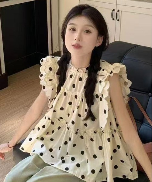 AsheKsha（アシクシャ）の「甘いドット柄のパフスリーブシャツ・フリル縁（シャツ/ブラウス・レディース・ベージュ・M）」の5枚目の写真