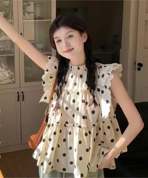 AsheKsha（アシクシャ）の「甘いドット柄のパフスリーブシャツ・フリル縁（シャツ/ブラウス・レディース・ベージュ・M）」の6枚目の写真