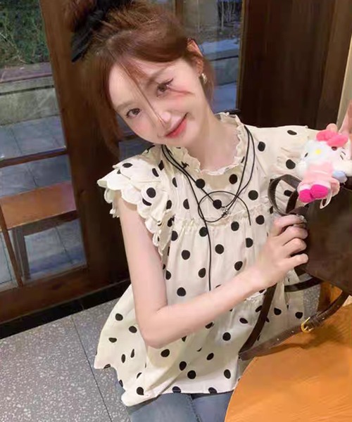 AsheKsha（アシクシャ）の「甘いドット柄のパフスリーブシャツ・フリル縁（シャツ/ブラウス・レディース・ベージュ・M）」の9枚目の写真