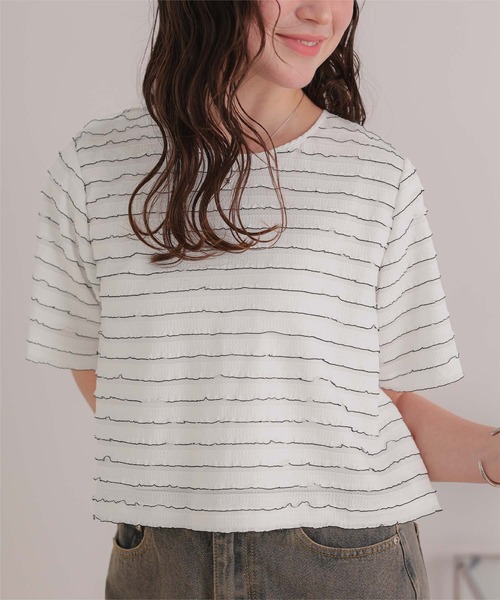 titivate(ティティベイト)の「ハーフスリーブフリルトップス(Tシャツ/カットソー・レディース・ブラウン/オフホワイト/ブラック・FREE)」の6枚目の写真