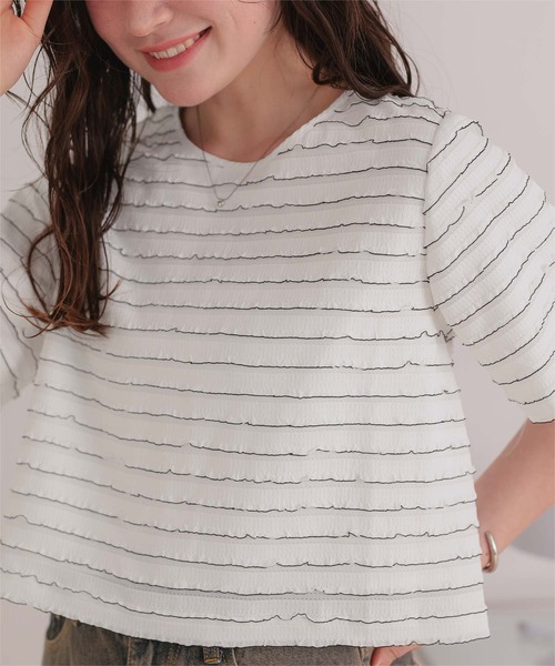 titivate(ティティベイト)の「ハーフスリーブフリルトップス(Tシャツ/カットソー・レディース・ブラウン/オフホワイト/ブラック・FREE)」の12枚目の写真