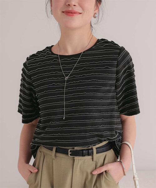 titivate(ティティベイト)の「ハーフスリーブフリルトップス(Tシャツ/カットソー・レディース・ブラウン/オフホワイト/ブラック・FREE)」の4枚目の写真