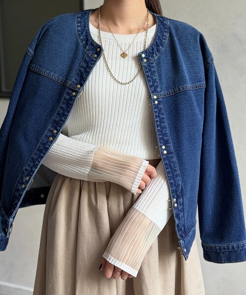 Chez toi(シェトワ)の「袖先オーガンジーリブニット(ニット/セーター・レディース・ブラック/グリーン/オフホワイト/ブルー・FREE)」の1枚目の写真