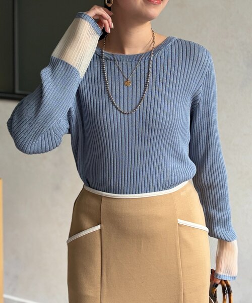 Chez toi(シェトワ)の「袖先オーガンジーリブニット(ニット/セーター・レディース・ブラック/グリーン/オフホワイト/ブルー・FREE)」の4枚目の写真