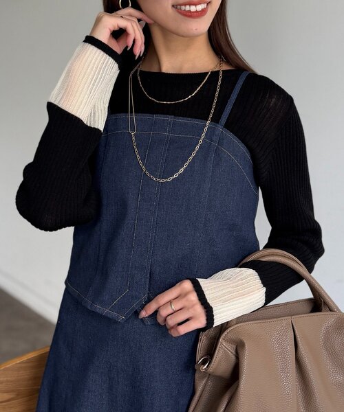 Chez toi(シェトワ)の「袖先オーガンジーリブニット(ニット/セーター・レディース・ブラック/グリーン/オフホワイト/ブルー・FREE)」の2枚目の写真