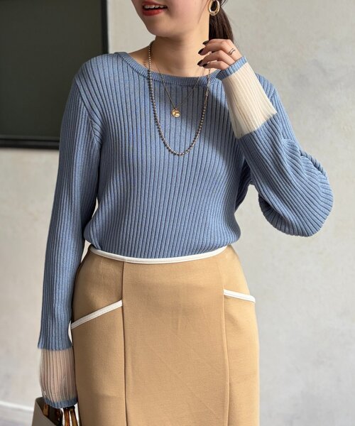 Chez toi(シェトワ)の「袖先オーガンジーリブニット(ニット/セーター・レディース・ブラック/グリーン/オフホワイト/ブルー・FREE)」の12枚目の写真