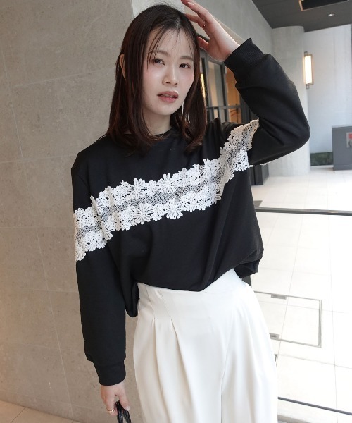 CORNERS（コーナーズ）の「レース切り替えスウェットトップス（スウェット・レディース・グレー/ブラック・M）」の2枚目の写真