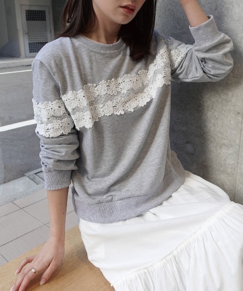 CORNERS（コーナーズ）の「レース切り替えスウェットトップス（スウェット・レディース・グレー/ブラック・M）」の4枚目の写真