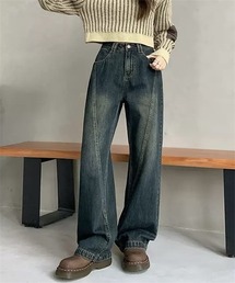 切替パターンワイドストレートデニム