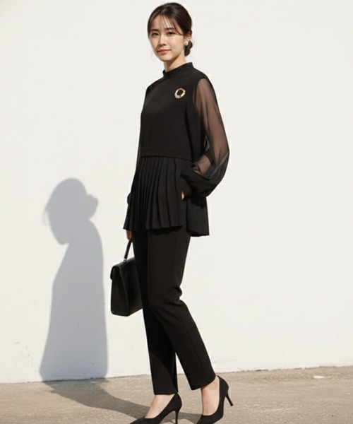 Cinderella（シンデレラ）の「パンツドレス パンツスーツ ドレス セットアップ 長袖 フォーマル オケージョン きれいめ パンツ 結婚式 謝恩会 発表会 大きいサイズ 同窓会 お呼ばれ パーティー 食事会 袖あり（パンツドレス・レディース・ブラック/ネイビー/ベージュ・LARGE/X-LARGE/MEDIUM）」の4枚目の写真