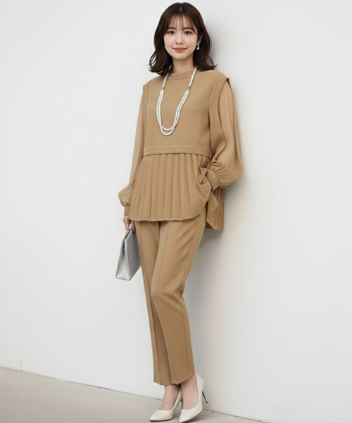 Cinderella（シンデレラ）の「パンツドレス パンツスーツ ドレス セットアップ 長袖 フォーマル オケージョン きれいめ パンツ 結婚式 謝恩会 発表会 大きいサイズ 同窓会 お呼ばれ パーティー 食事会 袖あり（パンツドレス・レディース・ブラック/ネイビー/ベージュ・LARGE/X-LARGE/MEDIUM）」の12枚目の写真