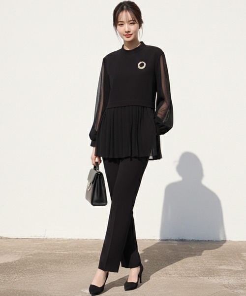 Cinderella（シンデレラ）の「パンツドレス パンツスーツ ドレス セットアップ 長袖 フォーマル オケージョン きれいめ パンツ 結婚式 謝恩会 発表会 大きいサイズ 同窓会 お呼ばれ パーティー 食事会 袖あり（パンツドレス・レディース・ブラック/ネイビー/ベージュ・LARGE/X-LARGE/MEDIUM）」の15枚目の写真