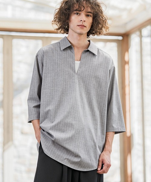 CAMBIO(カンビオ)の「ms6422-Classic Pinstripe Skipper 3-4 Sleeve Pullover Shirts 七分袖プルオーバーシャツ(S67826cmb)(シャツ/ブラウス・メンズ・ブラック/グレイッシュベージュ/チャコールグレー/ミックスグレー・S/M/L)」の4枚目の写真