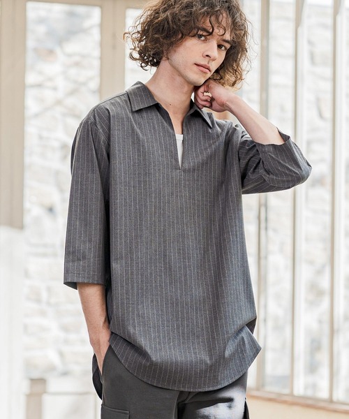 CAMBIO(カンビオ)の「ms6422-Classic Pinstripe Skipper 3-4 Sleeve Pullover Shirts 七分袖プルオーバーシャツ(S67826cmb)(シャツ/ブラウス・メンズ・ブラック/グレイッシュベージュ/チャコールグレー/ミックスグレー・S/M/L)」の3枚目の写真