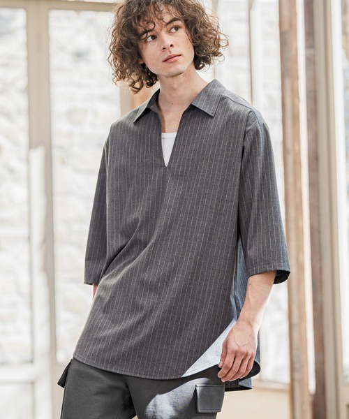 CAMBIO(カンビオ)の「ms6422-Classic Pinstripe Skipper 3-4 Sleeve Pullover Shirts 七分袖プルオーバーシャツ(S67826cmb)(シャツ/ブラウス・メンズ・ブラック/グレイッシュベージュ/チャコールグレー/ミックスグレー・S/M/L)」の5枚目の写真