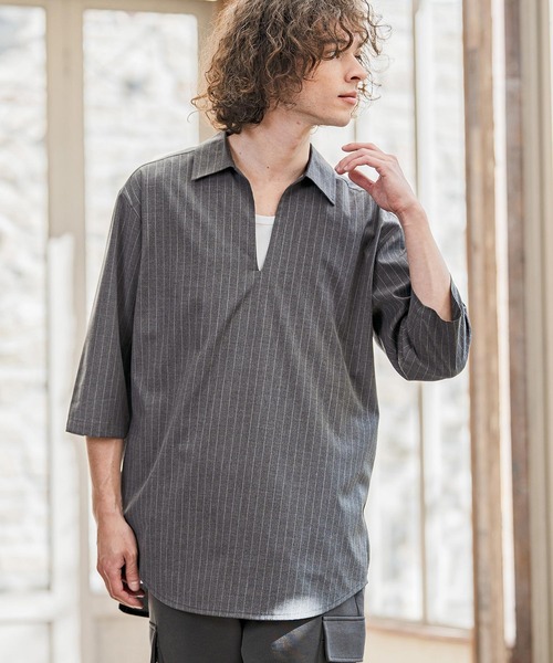 CAMBIO(カンビオ)の「ms6422-Classic Pinstripe Skipper 3-4 Sleeve Pullover Shirts 七分袖プルオーバーシャツ(S67826cmb)(シャツ/ブラウス・メンズ・ブラック/グレイッシュベージュ/チャコールグレー/ミックスグレー・S/M/L)」の6枚目の写真