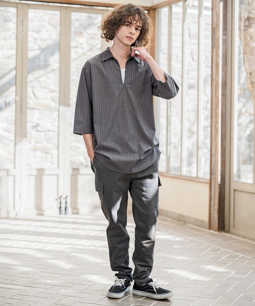 CAMBIO(カンビオ)の「ms6422-Classic Pinstripe Skipper 3-4 Sleeve Pullover Shirts 七分袖プルオーバーシャツ(S67826cmb)(シャツ/ブラウス・メンズ・ブラック/グレイッシュベージュ/チャコールグレー/ミックスグレー・S/M/L)」の7枚目の写真